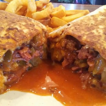 CJ's Cafe - Corned beef with onions, chili, American cheese,  mustard and pickles in a burrito, then griddled. - American Near Me - Arroyo Grande, California