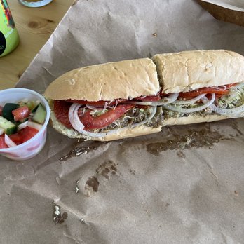 The Half - Italian Gardens Unknown ($10.50) marinated eggplant, roasted red peppers, tomatoes, red onions, shredduce, pesto, provolone on Italian roll - Sandwiches Near Me - Wilmington, North Carolina The Half - Italian Gardens Unknown ($10.50) marinated eggplant, roasted red peppers, tomatoes, red onions, shredduce, pesto, provolone on Italian roll - Sandwiches Near Me - Wilmington, North Carolina