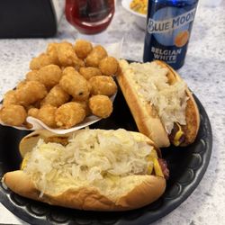 Funland Arcade And Snackbar - Hot dog combo with tater tots and a Blue Moon