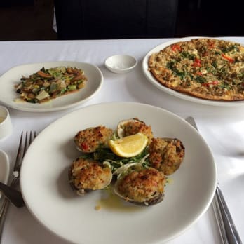 The Clam - Escarole with fennel, clams in center and clams pizza on the right - Seafood Near Me - New York, New York