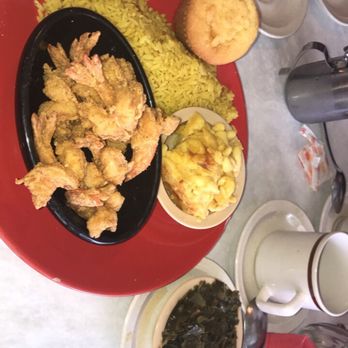Aunny's - Fried shrimp with yellow rice, mac and cheese and collard greens. Absolutely delicious!!! - Southern Near Me - Georgetown, South Carolina Aunny's - Fried shrimp with yellow rice, mac and cheese and collard greens. Absolutely delicious!!! - Southern Near Me - Georgetown, South Carolina