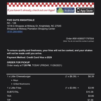 Five Guys - Notice the time stamp on my email, versus the time it was to be ready- I'm still waiting for it an hour for a burger? - Hot Dogs Near Me - Knightdale, North Carolina Five Guys - Notice the time stamp on my email, versus the time it was to be ready- I'm still waiting for it an hour for a burger? - Hot Dogs Near Me - Knightdale, North Carolina