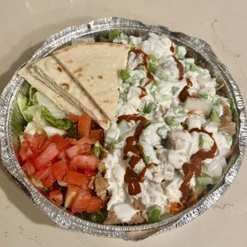 The Halal Guys - Mixed regular platter (bbq chicken + gyro)  w/ bell peppers and onions - Middle Eastern Near Me - San Diego, California