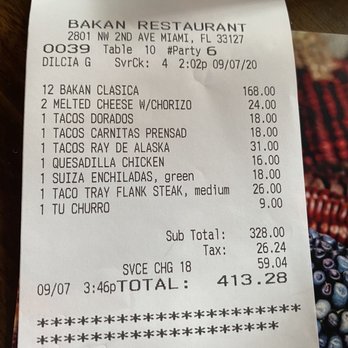 Bakan - Receipt - Mexican Near Me - Miami, Florida