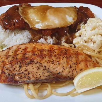 Hukilau - Combo plate- Loco moco with chicken katsu, grilled salmon - Hawaiian Near Me - San Jose, California Hukilau - Combo plate- Loco moco with chicken katsu, grilled salmon - Hawaiian Near Me - San Jose, California