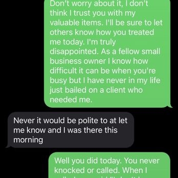 Gabes Refinishing - A text message exchange on a smartphone screen, with green and gray message bubbles, discussing trust and communication. - Refinishing Services Near Me - Denver, Colorado