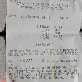 Dalat Supermarket - Receipt dated today. - International Grocery Near Me - Garden Grove, California Dalat Supermarket - Receipt dated today. - International Grocery Near Me - Garden Grove, California