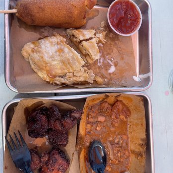 Heim Barbecue - Jalapeño cheese corn dog, caramel apple pie, bacon burnt ends, & bakes beans - Barbeque Near Me - Dallas, Texas Heim Barbecue - Jalapeño cheese corn dog, caramel apple pie, bacon burnt ends, & bakes beans - Barbeque Near Me - Dallas, Texas