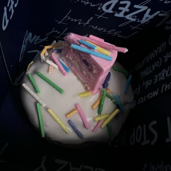 Donutique - Birthday Cake Donut with filling $9. (Not a fan of the artificial flavor from the sprinkles and the pink cake on top at all) - Coffee & Tea Near Me - Las Vegas, Nevada Donutique - Birthday Cake Donut with filling $9. (Not a fan of the artificial flavor from the sprinkles and the pink cake on top at all) - Coffee & Tea Near Me - Las Vegas, Nevada