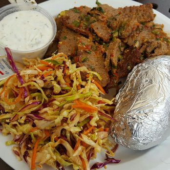 Chicken Maison - Spicy gyro with white rice and 2 sides of spicy sweet coleslaw and baked potato - Mediterranean Near Me - Rolling Hills Estates, California Chicken Maison - Spicy gyro with white rice and 2 sides of spicy sweet coleslaw and baked potato - Mediterranean Near Me - Rolling Hills Estates, California