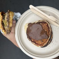 Macros - Single patty cheeseburger and protein pancakes with Nutella spread.