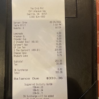 The Crab Pot - Thought we would enjoy a nice dinner tonight, however for $333.36 we were rushed by a very rude server! - Seafood Near Me - Seattle, Washington The Crab Pot - Thought we would enjoy a nice dinner tonight, however for $333.36 we were rushed by a very rude server! - Seafood Near Me - Seattle, Washington