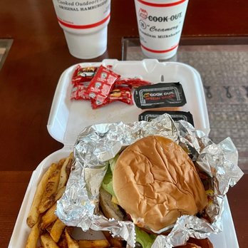 Cook Out - Tray with big double burger, Cajun fries, and chicken nuggets plus a Coke and shake - Burgers Near Me - Charlotte, North Carolina Cook Out - Tray with big double burger, Cajun fries, and chicken nuggets plus a Coke and shake - Burgers Near Me - Charlotte, North Carolina