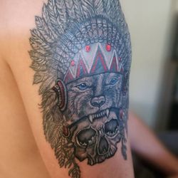 Olive Branch Tattoo Studio - Tattoo from Amber Jacobson at Olive Branch Tattoo Studio. Skull with Indian Head dress