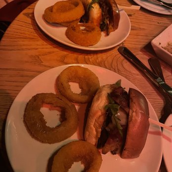 Back Bay Social - Split Wagyu Burger w/ Onion rings - New American Near Me - Boston, Massachusetts Back Bay Social - Split Wagyu Burger w/ Onion rings - New American Near Me - Boston, Massachusetts