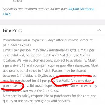 Sky Zone Trampoline Park - Groupon Fine Print. Buyer Beware!!!!!!!! You cannot use this voucher on the same day of purchase!!!!!!!!! - Trampoline Parks Near Me - Covina, California