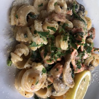 Von's 1000Spirits - Salmon Northwest Wild Salmon, San Juan Island Mushrooms and True Asiago Cream - Really good pasta dish! - New American Near Me - Seattle, Washington Von's 1000Spirits - Salmon Northwest Wild Salmon, San Juan Island Mushrooms and True Asiago Cream - Really good pasta dish! - New American Near Me - Seattle, Washington