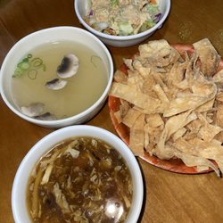 Pacific Spice - Hot and Sour Chinese Soup Miso Japanese Soup Crunchy noodles Ginger salad