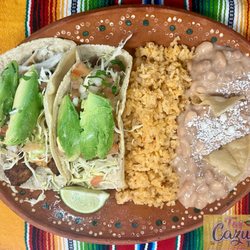 Tres Cazuelas Taqueria - Fish tacos with rice and beans