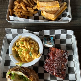 Biscuits and Bourbon - I had the baby back ribs, mac and cheese, and baked potato! My friend had the grilled cheese, sliced brisket and fries. - New American Near Me - Henderson, Nevada