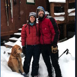 Leaf Out Nature Guides - Shannon, Evan, and Cooper at the cabin, ready to take you out snowshoeing!