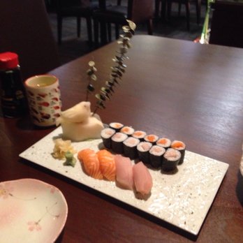 Kiku Sushi - Tuna and salmon combo - Note the care in presentation with the bird and other decoration - Sushi Bars Near Me - Vancouver, British Columbia Kiku Sushi - Tuna and salmon combo - Note the care in presentation with the bird and other decoration - Sushi Bars Near Me - Vancouver, British Columbia
