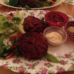 Restaurant Watertoren Eethuis - Vegan kidney bean "burger", with tomato jam, aioli, and guacomole.  All entrees served with green salad and French fries.