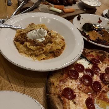 Wood Stack Pizza Kitchen - Metuchen - Bolognese Pasta Margarita Pizza with Pepperoni - Pizza Near Me - Metuchen, New Jersey