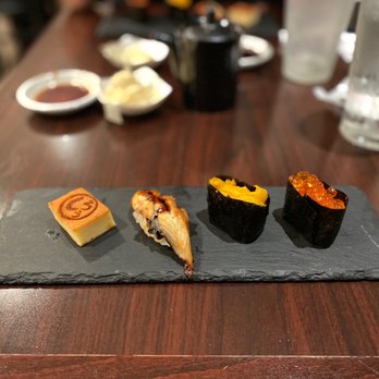 Shiro's - Course 4 (right to left) - ikura, uni, unagi, and tamago - Sushi Bars Near Me - Seattle, Washington