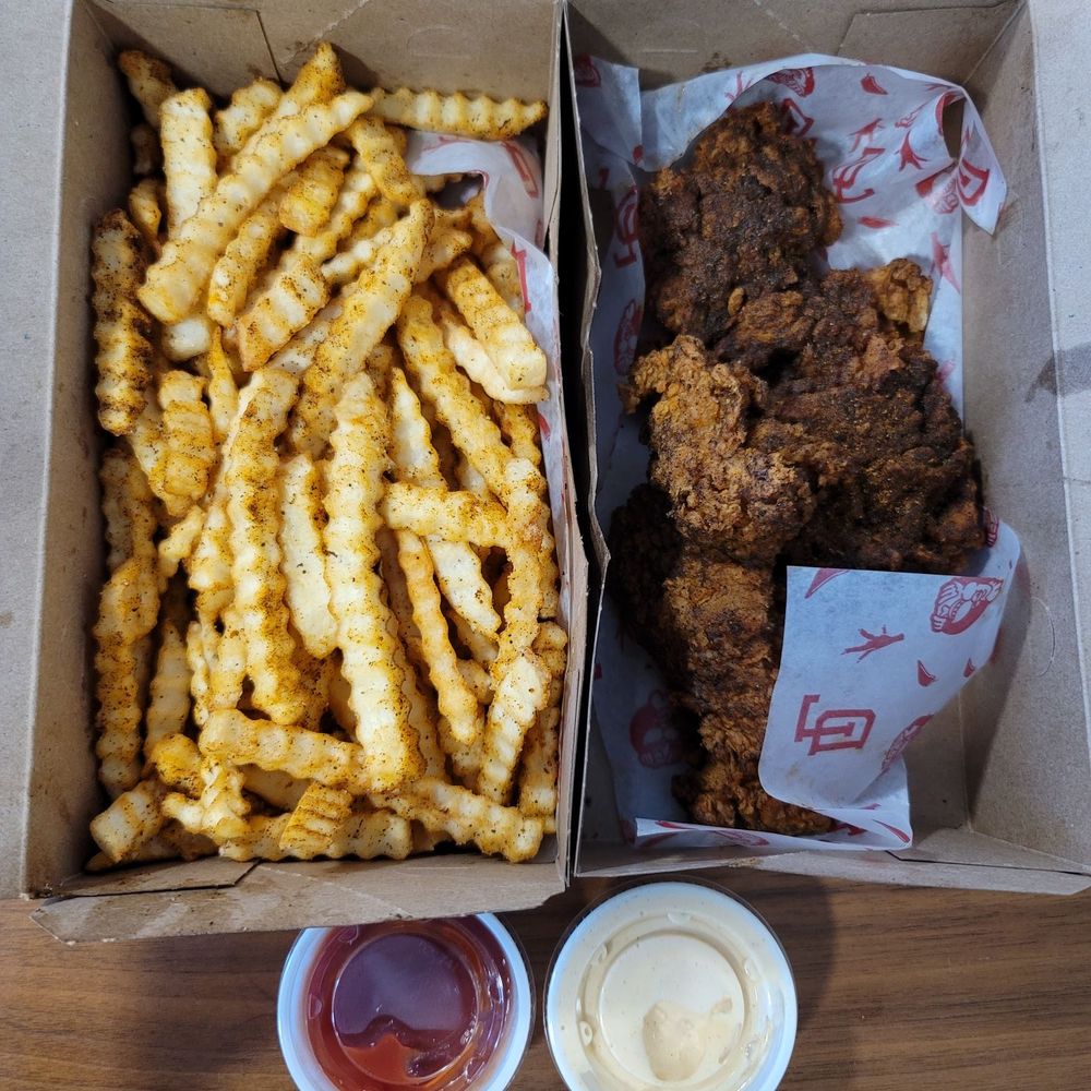 Downlow Chicken Shack - Two piece boneless chicken thigh with fries combo. Ketchup & DL sauce - Chicken Shop Near Me - Vancouver, British Columbia Downlow Chicken Shack - Two piece boneless chicken thigh with fries combo. Ketchup & DL sauce - Chicken Shop Near Me - Vancouver, British Columbia