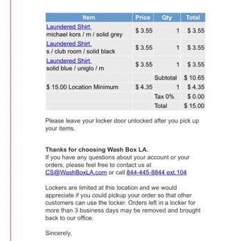 WashBox LA - Access code that wouldn't open my locker + price breakdown when I requested dry cleaning & they were laundered - Shoe Shine Near Me