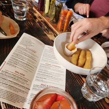 Jacob's Pickles - Half of the pickle flight, end of fried pickle bowl and the jam jar drink - Comfort Food Near Me - New York, New York Jacob's Pickles - Half of the pickle flight, end of fried pickle bowl and the jam jar drink - Comfort Food Near Me - New York, New York
