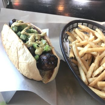Bangers & Brews - Westside - Bangers Sausage + spicy mustard + Jalapeño + caramelized onion with small fries - German Near Me - Bend, Oregon