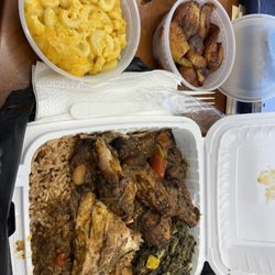 Bamboo Grill Jamaican Restaurant - Jerk chicken platter! Mac n cheese, callaloo, plantain