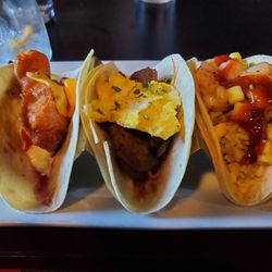 Crave Cantina - Left to Right: Great Lakes beer battered Walleye taco, Flank Steak Banh Mi taco, Shrimp taco