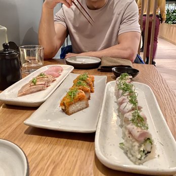 Bamboo Sushi - Albacore ($7) + Kanpachi ($7) Nigiri (Left), Crispy Rice Spicy Salmon ($14, Middle), Ocean Farmer Signature Roll ($17, Right) - Sushi Bars Near Me - Seattle, Washington Bamboo Sushi - Albacore ($7) + Kanpachi ($7) Nigiri (Left), Crispy Rice Spicy Salmon ($14, Middle), Ocean Farmer Signature Roll ($17, Right) - Sushi Bars Near Me - Seattle, Washington