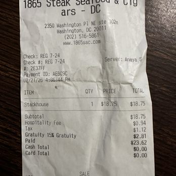 1865 Steak Seafood & Cigars - Receipt for me requesting "a glass of red wine". $23. Outrageous!! - Seafood Near Me - Washington, DC, District of Columbia