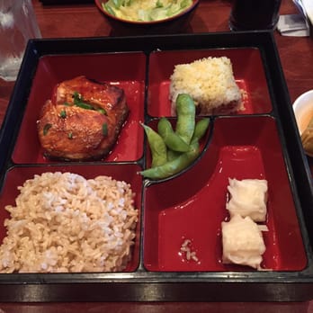 Sushi Katana - Teriyaki Salmon Bento Box with brown rice, dumplings and tuna roll! Salad/soup also included. - Sushi Bars Near Me - Orlando, Florida Sushi Katana - Teriyaki Salmon Bento Box with brown rice, dumplings and tuna roll! Salad/soup also included. - Sushi Bars Near Me - Orlando, Florida
