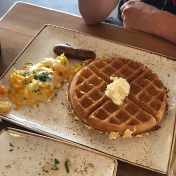 First Watch - Tri-Fecta - scrambled eggs with cheese, Belgian waffle and pork sausage link - Breakfast & Brunch Near Me - Glendale, Arizona
