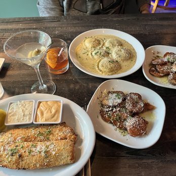 Seaside Prime by Paisano's - Panko Walleye, two dipping sauces along with Lobster Ravioli in a lovely dill cream and of course Broadway Potatoes. - Seafood Near Me - Richmond, Illinois