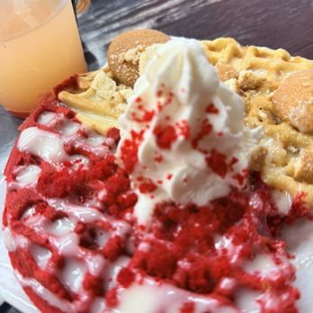 Let's Talk Brunch - Red velvet and banana pudding waffle split! - Breakfast & Brunch Near Me - Newnan, Georgia Let's Talk Brunch - Red velvet and banana pudding waffle split! - Breakfast & Brunch Near Me - Newnan, Georgia