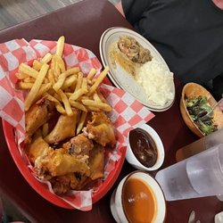 Rimrock Bistro - Chicken wings and French fries, BBQ and Buffalo sauce on the side