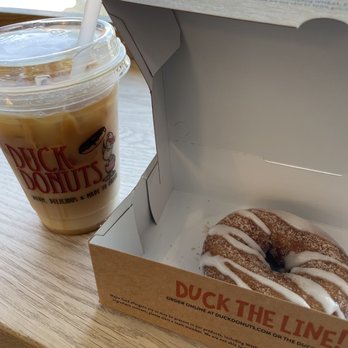 Duck Donuts - Cinnamon sugar donut and iced caramel macchiato - Coffee & Tea Near Me - Pfluegerville, Texas Duck Donuts - Cinnamon sugar donut and iced caramel macchiato - Coffee & Tea Near Me - Pfluegerville, Texas