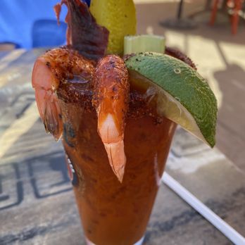 Park Cafe - Fully loaded Bloody Mary...was too much seasoning on rim and shrimp but delicious Mary!! - American Near Me - Litchfield Park, Arizona