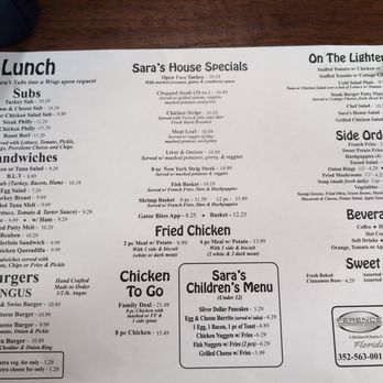 Sara's Diner - Large placemat menu - American Near Me - Crystal River, Florida