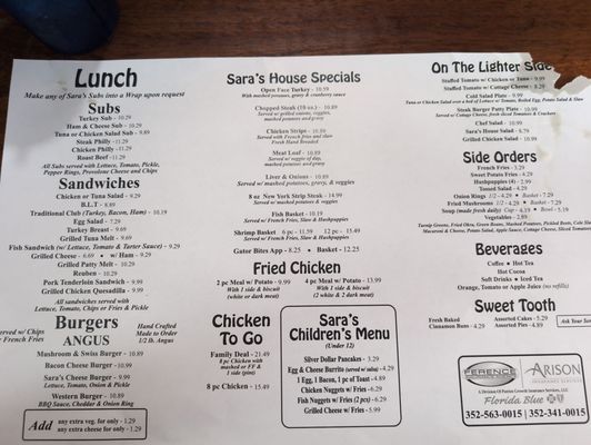 Menu photo 1 Sara's Diner Crystal River, FL