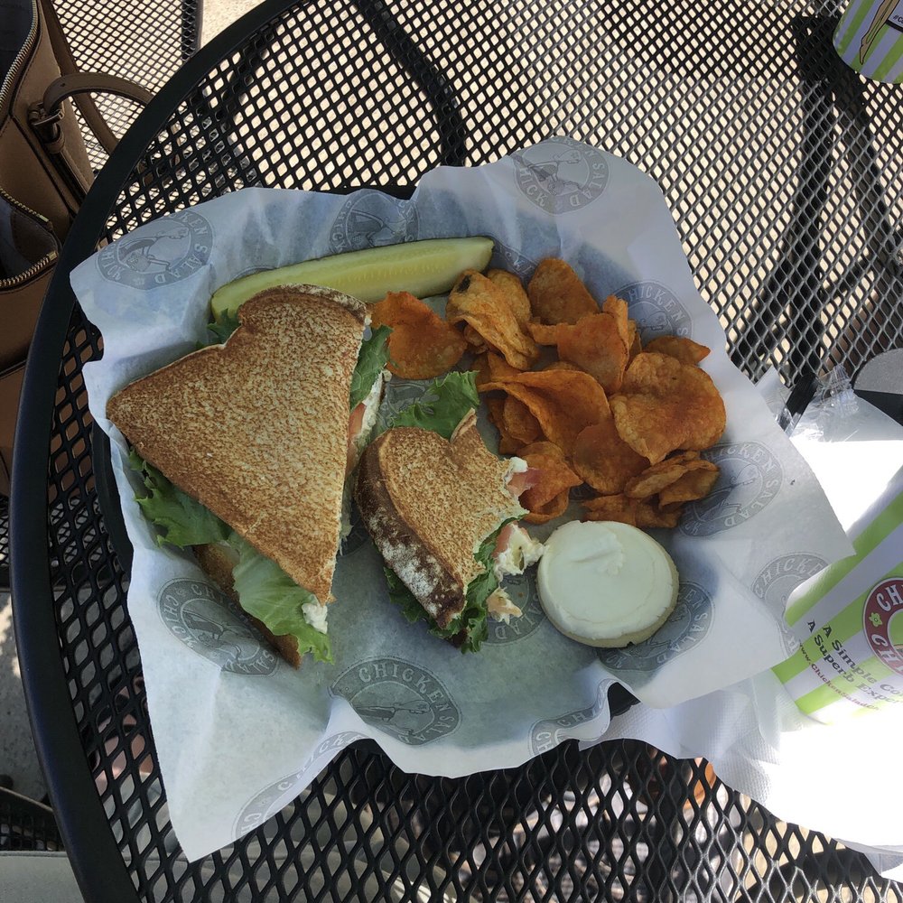 Homestyle Chicken salad on toasted sourdough with BBQ kettle chips. Also a bonus tiny cookie! Homestyle Chicken salad on toasted sourdough with BBQ kettle chips. Also a bonus tiny cookie!