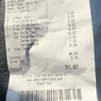 Sabor A Mexico - Overpriced bill for 6 tacos! $50 for 6 tacos!? Rip off! - Mexican Near Me - Elk Grove, California Sabor A Mexico - Overpriced bill for 6 tacos! $50 for 6 tacos!? Rip off! - Mexican Near Me - Elk Grove, California