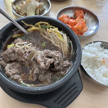 Myung Ga Haejangguk - Bulgogi soup with glass noodle, and side dishes like fish cake, pickled radishes, and kimchi. - Korean Near Me - Arcadia, California Myung Ga Haejangguk - Bulgogi soup with glass noodle, and side dishes like fish cake, pickled radishes, and kimchi. - Korean Near Me - Arcadia, California