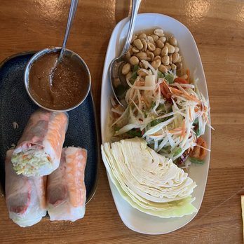 NOM NOM Restaurant & Grill - Leftover BBQ Pork Salad Rolls, Warm Yummy Peanut Dipping Sauce - Vietnamese Near Me - Vancouver, Washington
